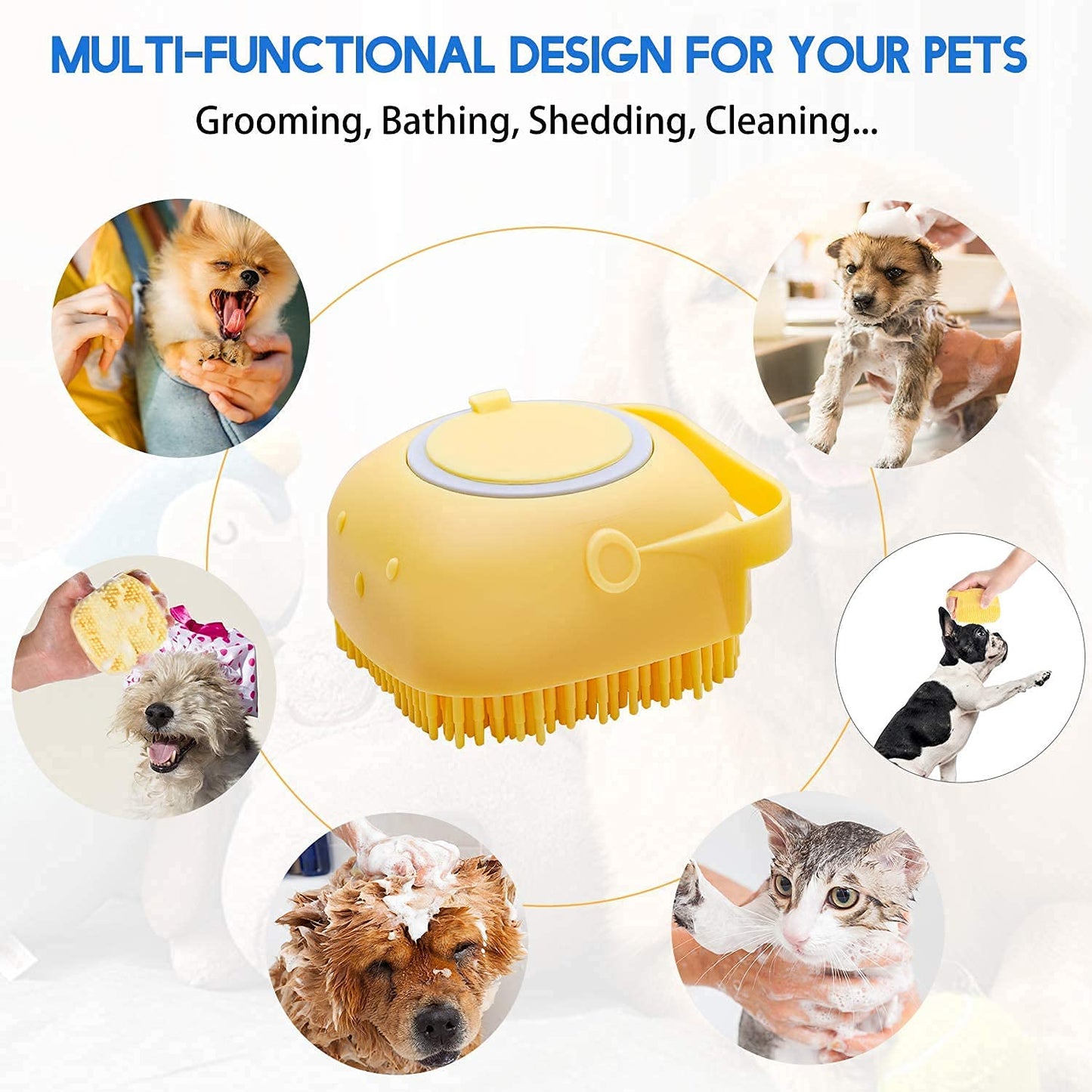 Dog Bath Brush Body Scrubber Shampoo Dispenser Tick Remover for Shower Bathing and Shedding Soft Silicone Bristles Brushes Groomers for Pet Puppy Dogs Cat Rabbit Horse
