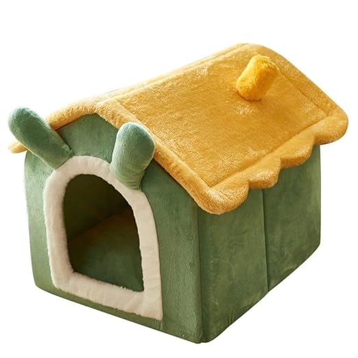 Cat House with Detachable Roof, Dog Bed Kitten&Puppy House Indoor Luxary Adult Cat Bed (Green&Yellow, Small)