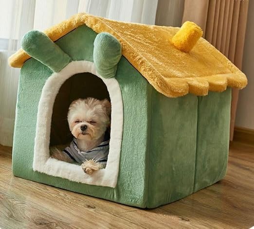 Cat House with Detachable Roof, Dog Bed Kitten&Puppy House Indoor Luxary Adult Cat Bed (Green&Yellow, Small)