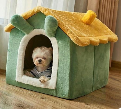Cat House with Detachable Roof, Dog Bed Kitten&Puppy House Indoor Luxary Adult Cat Bed (Green&Yellow, Small)
