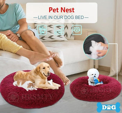 Round Donut Pet Bed for Cats and Puppies Dogs, Cozy and Plush, Raised Bedside Support, Both Sides Use Like 2 in One, Washable, Sizes for Small, Medium, and Large Pets. (Red, Medium)