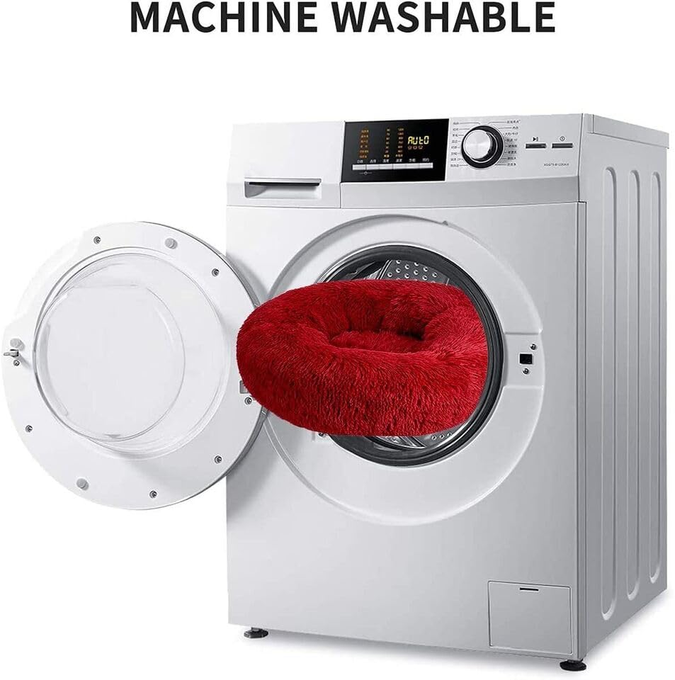 Round Donut Pet Bed for Cats and Puppies Dogs, Cozy and Plush, Raised Bedside Support, Both Sides Use Like 2 in One, Washable, Sizes for Small, Medium, and Large Pets. (Red, Medium)