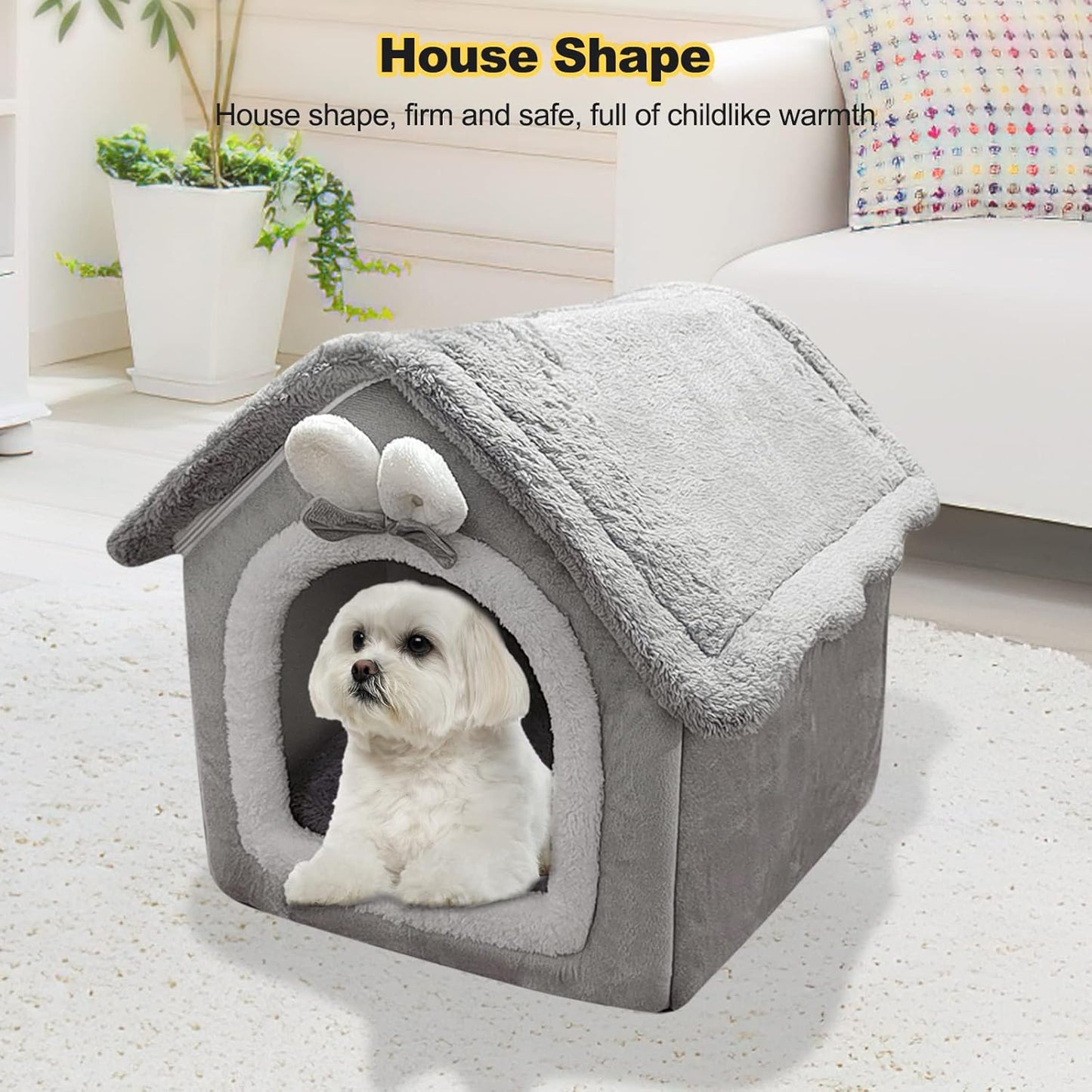 Cat Cave Bed, Washable Dog Bed, Warm and Cosy Plush Cat Igloo, Foldable Comfortable Pet Cat House, Pet Bed with Non-Slip Base (L, Grey Rabbit)