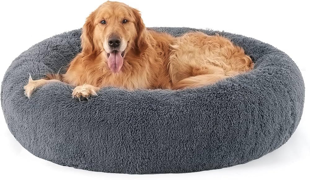 Round Donut Pet Bed for Cats and Puppies Dogs, Cozy and Plush, Raised Bedside Support, Both Sides Use Like 2 in One, Washable, Sizes for Small, Medium, and Large Pets. (Grey, Large)