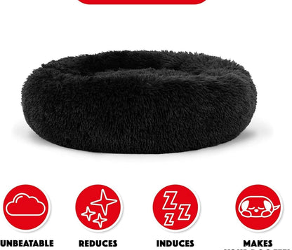 Round Donut Pet Bed for Cats and Puppies Dogs, Cozy and Plush, Raised Bedside Support, Both Sides Use Like 2 in One, Washable, Sizes for Small, Medium, and Large Pets. (Black, Large)