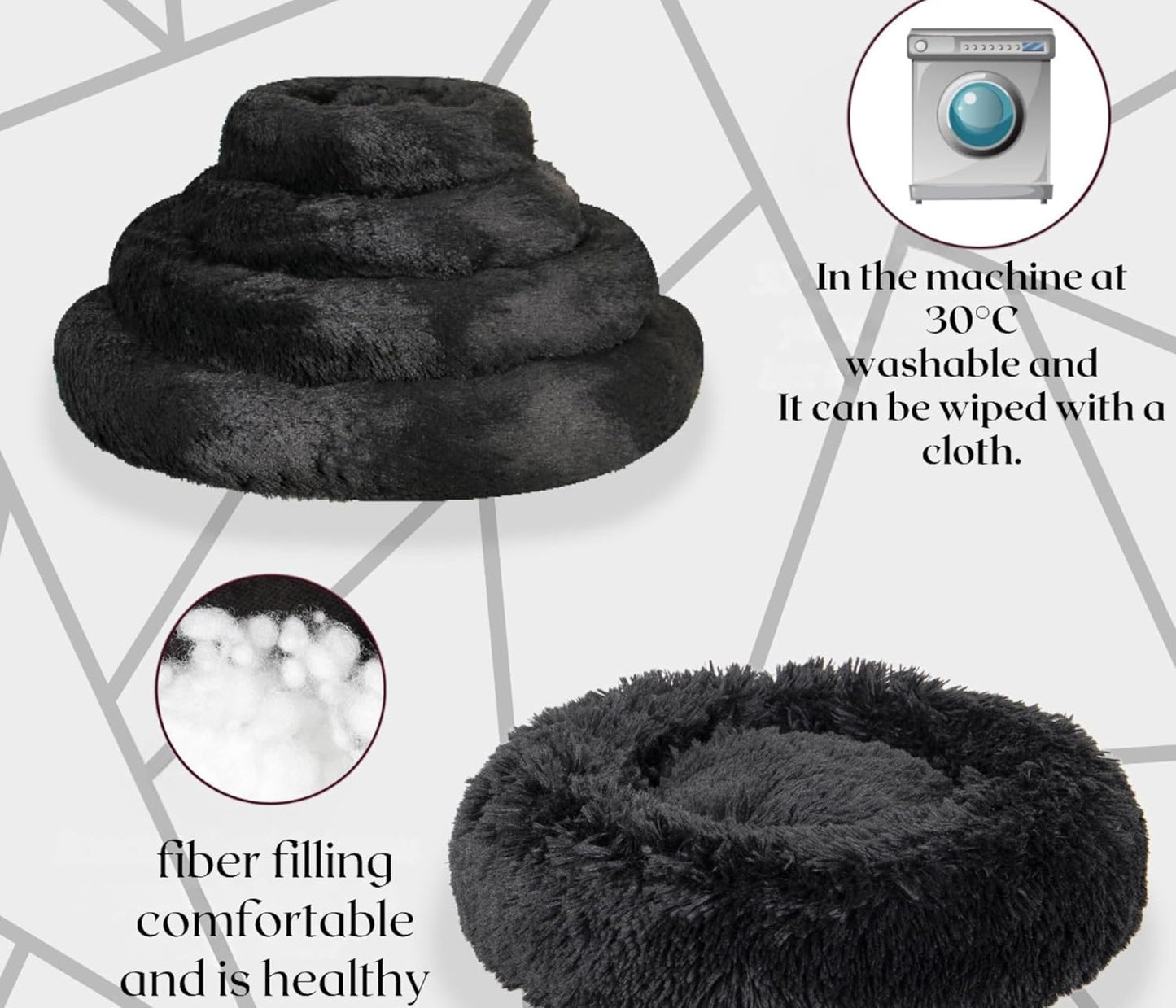 Round Donut Pet Bed for Cats and Puppies Dogs, Cozy and Plush, Raised Bedside Support, Both Sides Use Like 2 in One, Washable, Sizes for Small, Medium, and Large Pets. (Black, Large)