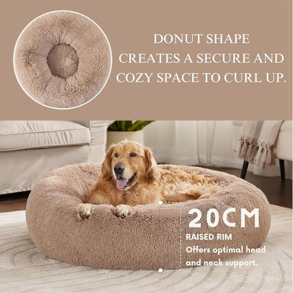 Round Donut Pet Bed for Cats and Puppies Dogs, Cozy and Plush, Raised Bedside Support, Both Sides Use Like 2 in One, Washable, Sizes for Small, Medium, and Large Pets. (Brown, Large)