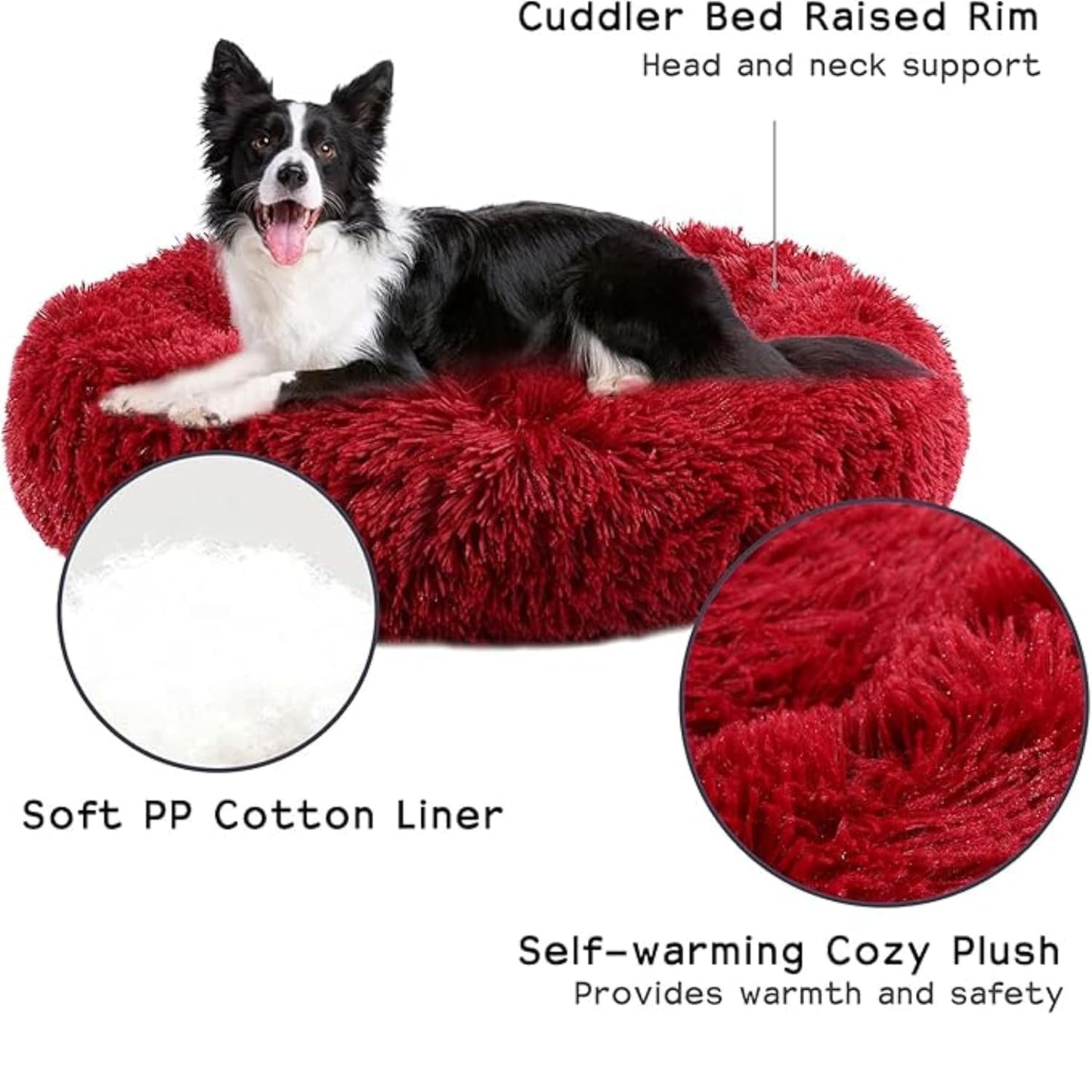Round Donut Pet Bed for Cats and Puppies Dogs, Cozy and Plush, Raised Bedside Support, Both Sides Use Like 2 in One, Washable, Sizes for Small, Medium, and Large Pets. (Red, Medium)