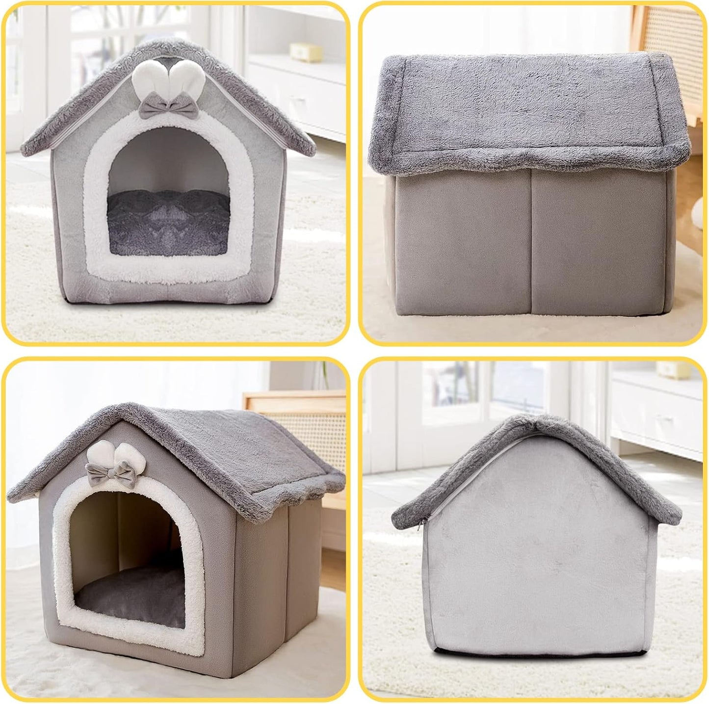Cat Cave Bed, Washable Dog Bed, Warm and Cosy Plush Cat Igloo, Foldable Comfortable Pet Cat House, Pet Bed with Non-Slip Base (L, Grey Rabbit)