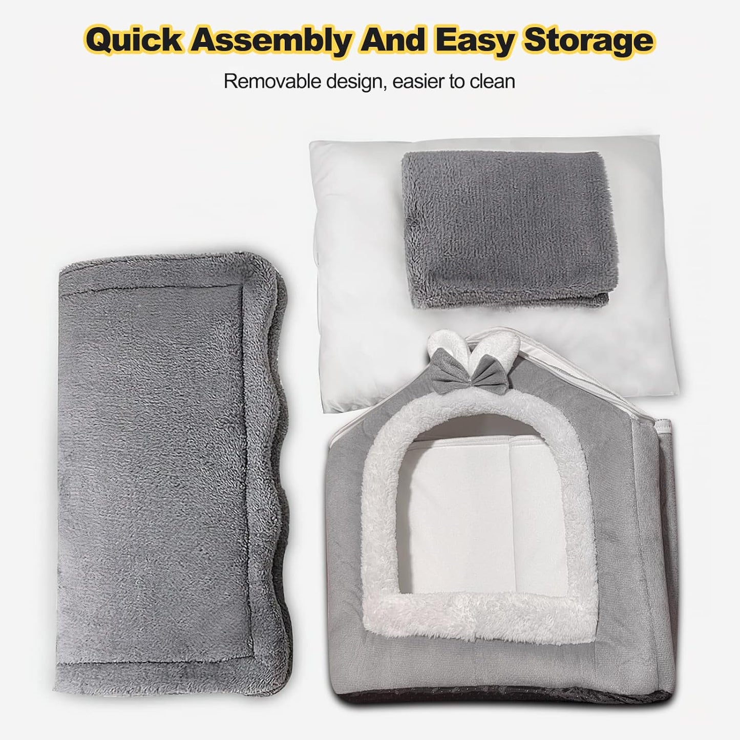 Cat Cave Bed, Washable Dog Bed, Warm and Cosy Plush Cat Igloo, Foldable Comfortable Pet Cat House, Pet Bed with Non-Slip Base (L, Grey Rabbit)