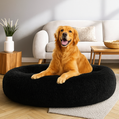 Round Donut Pet Bed for Cats and Puppies Dogs, Cozy and Plush, Raised Bedside Support, Both Sides Use Like 2 in One, Washable, Sizes for Small, Medium, and Large Pets. (Black, Large)